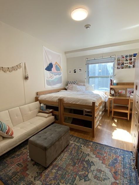 Couch College Room Layout Ideas, Two Dorm Beds Pushed Together, Dorm Furniture Layout, Cute Single Dorm Rooms, Two Twin Xl Beds Together Dorm, College Double Room Ideas, Single College Dorm Room Layout, Dorm Double Bed, Single Dorm Layout Ideas