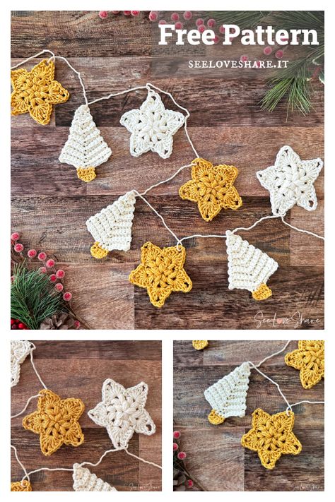 Crochet Christmas Banner, Crocheted Garland, Crocheted Christmas Ornaments, Stars Garland, Garland Ornaments, Crochet Christmas Garland, Crochet Christmas Trees Pattern, Crochet Christmas Ornaments Free, Crochet Ornament Patterns