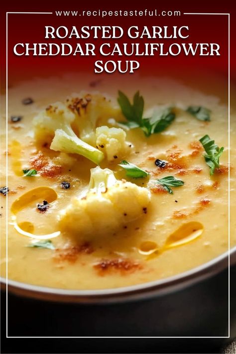 This creamy roasted garlic cheddar cauliflower soup combines the nutty flavor of roasted garlic with sharp cheddar and tender cauliflower for a comforting, savory soup. Perfect for a cozy night, this soup is rich, flavorful, and packed with veggies! Cheddar Cauliflower Soup, Cauliflower Cheddar Soup, Cheddar Cauliflower, Garlic Cheddar, Roasted Cauliflower Soup, Cauliflower Soup Recipes, Roasted Garlic Cauliflower, Garlic Soup, Diner Recipes