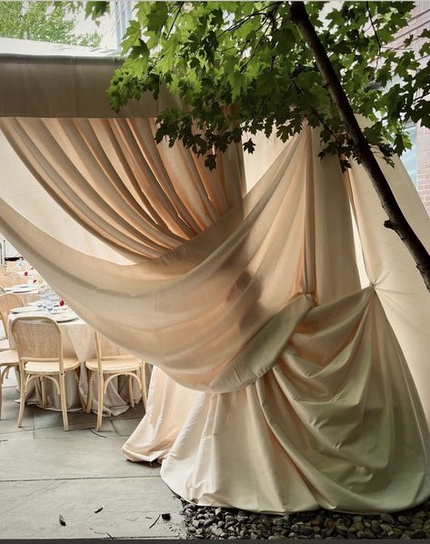 Wedding Ceiling Drapery, Draped Fabric Backdrop, Wedding Ceiling Draping, Party Tent Decorations, Draped Tent, Graceland Wedding, Drapery Wedding, Wedding Drapery, Draping Ideas