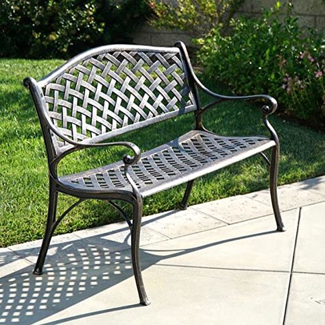 Amazon.com : BELLEZE Outdoor Patio Furniture Garden Bench Cast Aluminum, Antique Copper : Garden & Outdoor Wrought Iron Garden Furniture, Metal Outdoor Bench, Wrought Iron Bench, Yard Makeover, Outdoor Garden Bench, Hatch Pattern, Rattan Patio Furniture, Outdoor Clock, Chair Metal