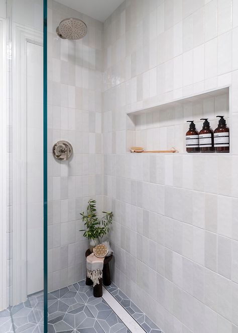 Stacked Subway Tile Bathroom, Shower With Linear Drain, Gray Shower Tile, Organic Bathroom, Tile Walk In Shower, 25 Beautiful Homes, Beach House Bathroom, Subway Tiles Bathroom, Linear Drain