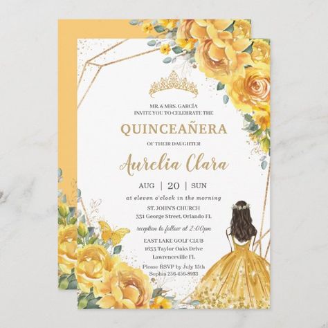 Quinceañera Yellow Floral Gold Princess 15 Anos In Invitation Yellow Quince, Princess Birthday Invitations, 16th Birthday Invitations, Invitation Elegant, Quinceanera Party, Sweet 16 Invitations, Quinceanera Invitations, 16th Birthday Party, Sweet 16 Birthday