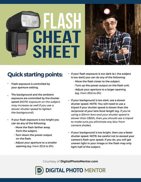 Digital photography tips flash cheat sheet for getting your best portrait photos when using off camera flash. This handy cheat sheet helps with direct flash or fill flash and will help you always get your best portraits.  #digitalphotogrpahytips #photographytips #flashphotography #flashphotographytips #offcameraflash #cheatsheet #peoplephotography #flashphotographytips @digitalphotomentor How To Use A Flash On Camera, Flash Cheat Sheet, How To Use Flash, Flash Photography Cheat Sheet, Strobe Flash Photography, Fill Flash Photography, Off Camera Flash Photography, Camera Flash Photography, Direct Flash Photography