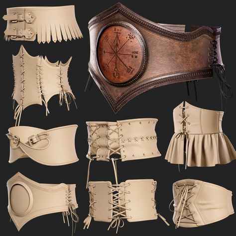 Fantasy Belt Design, Medieval Bag Pattern, Leather Armor Pattern, Marvelous Designer Pattern, Moda Steampunk, Leather Corset Belt, Viking Costume, Female Armor, Leather Armor