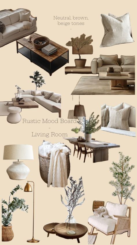 Neutral, beige and brown tones for a cosy rustic vintage living room style Earth Tone Neutral Living Room, Neutral Living Room Decor Ideas, Brown And White Living Room Decor, Clean Boho Aesthetic, Brown And Beige Living Room Ideas, Mood Board For Living Room, Neutral Living Room Mood Board, Rustic Vintage Living Room, Neutral Color Living Room Ideas