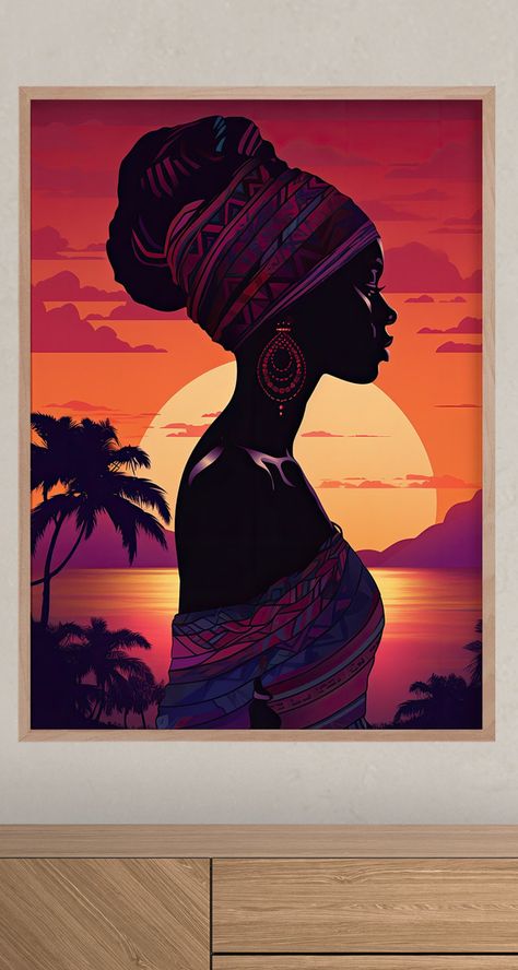 African Lady Wall Art African Sunset Landscape Painting - Etsy UK African Women Art Drawing Paintings, African Sunset Painting, Painting Ethereal, African Abstract Art, African Women Painting, Lady Silhouette, Sunset Landscape Painting, Africa Painting, Culture Wall