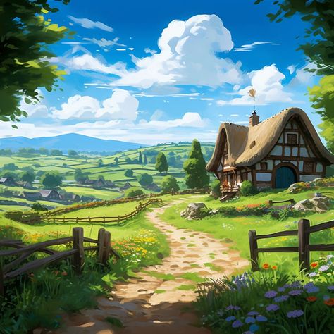 Disney inspired, painted landscape, sunny day, english countryside Disney Landscape Ideas, Countryside Concept Art, Disney Landscape Art, Disney Landscape Wallpapers, English Countryside Landscape, English Countryside Painting, Ghibli Background Landscapes, Farm Drawing Landscape, Environment Concept Art Landscape