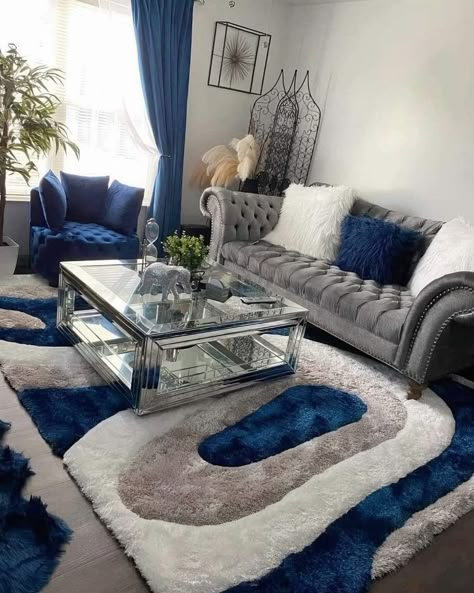 Crystal Living Room Ideas, Dining Room Table On Carpet, Blue And Grey Living Room Decor Ideas, Grey And Royal Blue Living Room, Royal Blue Living Room Decor, Living Room Decor Teal, Royal Blue Living Room, Grey And Blue Living Room, Navy Blue And Grey Living Room