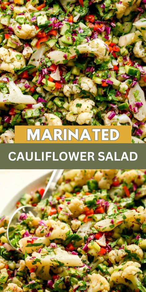 This marinated cauliflower salad is an excellent way to enjoy this vegetable in a new and exciting way. #cauliflowersalad #salad Cucumber Cauliflower Salad, Salad Cauliflower Recipes, Quinoa Cauliflower Salad, Cauliflower Bean Salad, Cauliflower Tomato Salad, Raw Vegetable Dishes, Cauliflower And Broccoli Salad Recipes, Cauliflower Dump Salad, Vegetable Chopper Salad