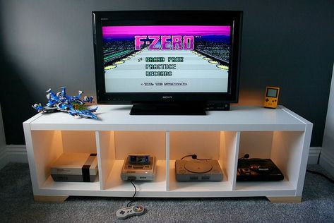 5 easy ways to create a unique KALLAX TV Stand - IKEA Hackers Console Display, Kallax Shelf Unit, Kallax Shelving Unit, Kallax Hack, Retro Games Room, Retro Console, Retro Games Console, Video Game Rooms, Ikea Hackers