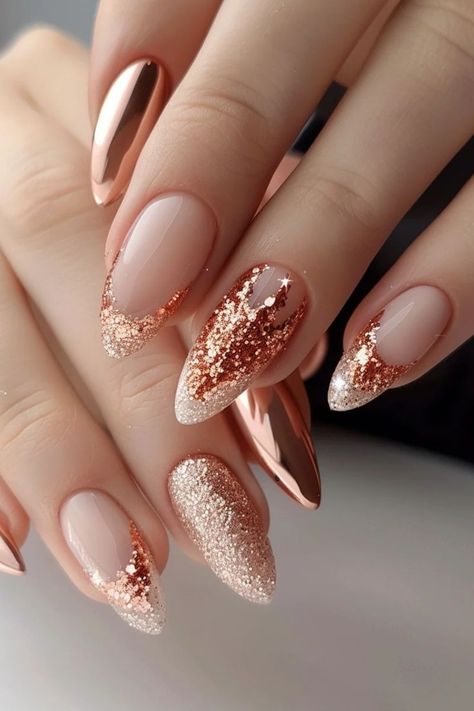 Pretty Nails For Wedding Guest, Rose Gold Almond Nails Sparkle, Simple Pink And Gold Nails, Neutral Nails With Gems, Gel Nail Designs For Wedding, Simple Wedding Guest Nails, Rose Gold French Tip, Rose Gold Wedding Nails, Rose Gold Nail