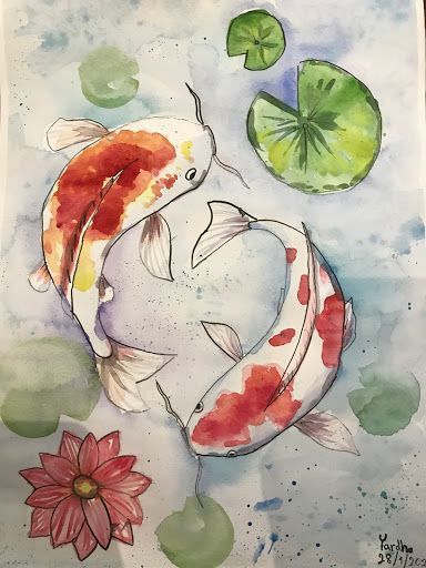 Botanical Drawings Watercolor, Sketchbook Art Inspiration Watercolour, Koi Painting Watercolour, Waterpaint Ideas Aesthetic, Koi Fish Watercolor Paintings, Koi Fish Painting Watercolors, Art Inspo Watercolour, Koi Fish Drawing Sketches, Lily Pad Sketch