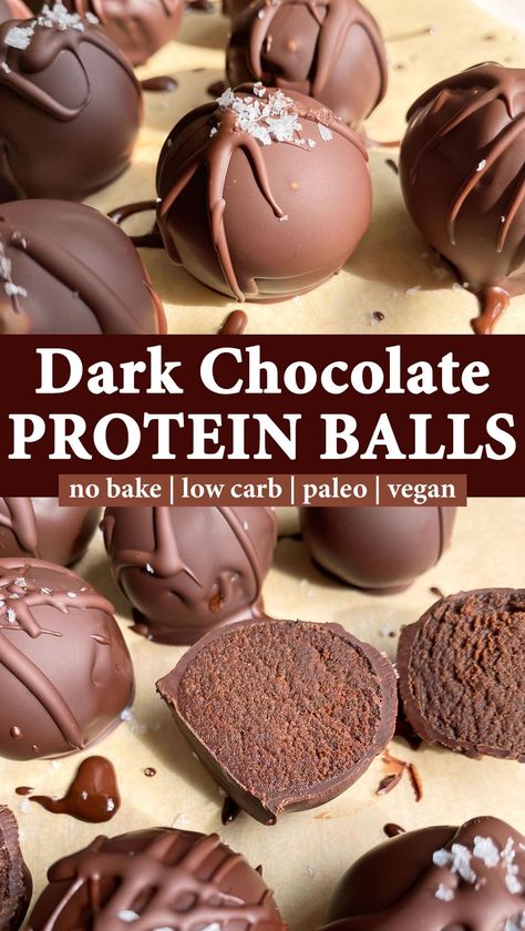 These dark chocolate protein balls are made with pea protein, cocoa powder and sunbutter. They're the best nut free chocolate protein balls - soft on the inside with a hard chocolate shell. Paleo, Vegan and low in sugar! #chocolateproteinballs #proteinballrecipe #lowcarb #sunbutter #peaprotein Dark Chocolate Protein Balls, Protein Balls No Bake, Paleo Protein Balls, Date Protein Balls, Hard Chocolate Shell, Chocolate Protein Balls, Protein Truffles, Healthy Dark Chocolate, Protein Balls Recipes