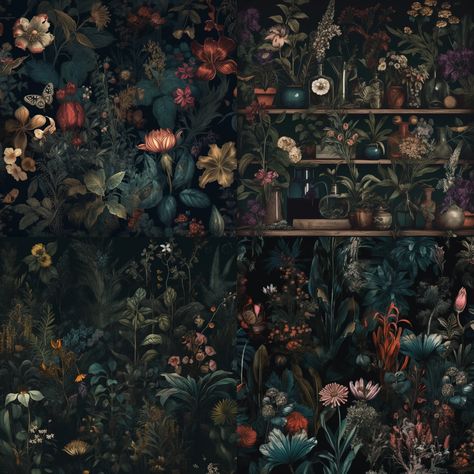 Dark Botanicals Wallpaper florals Dark Botanical Removable Wallpaper, Dark Eclectic Wallpaper, Floral Witchy Wallpaper, Dark Wallpaper For Walls Interiors, Deep Floral Wallpaper, Moody Eclectic Wallpaper, Dark Botanical Old World Aesthetic, Dark Moody Botanical Wallpaper, Dark Maximalist Wallpaper