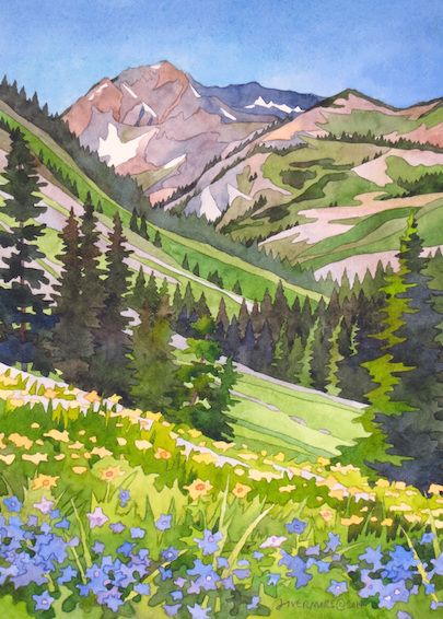 Superior Summer Mountainscape Painting, Watercolor Summer Landscape, Marker Landscape, Summer Landscape Painting, Mountain Landscape Illustration, Watercolor Mountain Landscape, Landscape Markers, Impressionist Paintings Landscape, Posca Marker