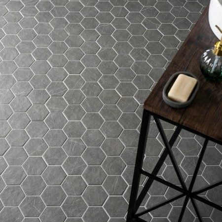 Grey Hexagon Bathroom Floor, Hexagon Bathroom Floor, Stone Effect Wall, Grey Paving, Honeycomb Tile, Tile Options, Matt Stone, Downstairs Loo, Tiling Tools