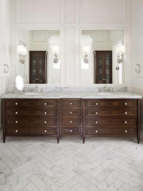 Walnut Stained Double Washstand with Marble Herringbone Floors - Transitional - Bathroom Wood Double Vanity, Marble Herringbone Floor, Marble Herringbone Tile, Herringbone Tile Floors, Marble Herringbone, Timber Vanity, Timeless Interior Design, Dark Bathrooms, Sophisticated Bathroom