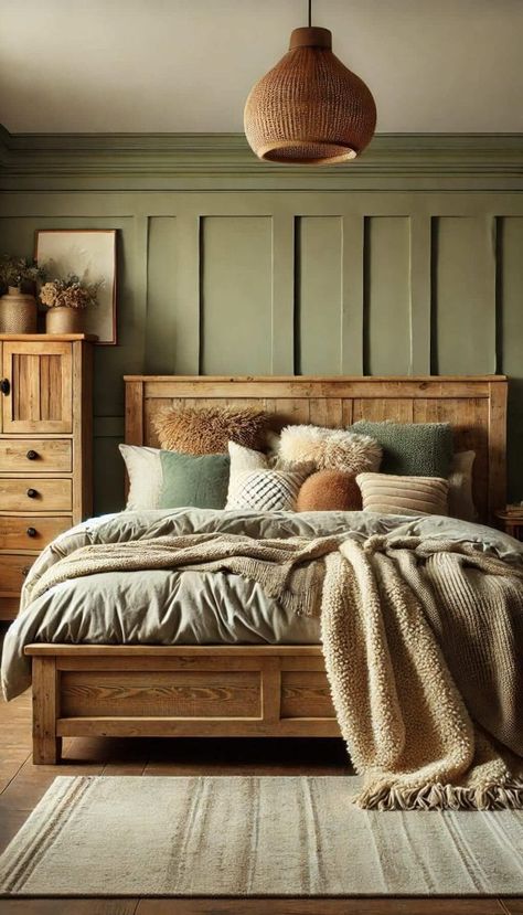 35 Sage Green Bedroom Ideas That Will Help You Achieve Zen 38 Sage Green Country Bedroom, Bedroom Green Palette, Sage Green And Burnt Orange Bedroom Ideas, Sage Green Loft Bedroom, Sage Green Color Palette Bedrooms, Mustard Color Bedroom Ideas, Earthy Bedroom Colors, Green Bed Ideas, Pistachio Bedroom