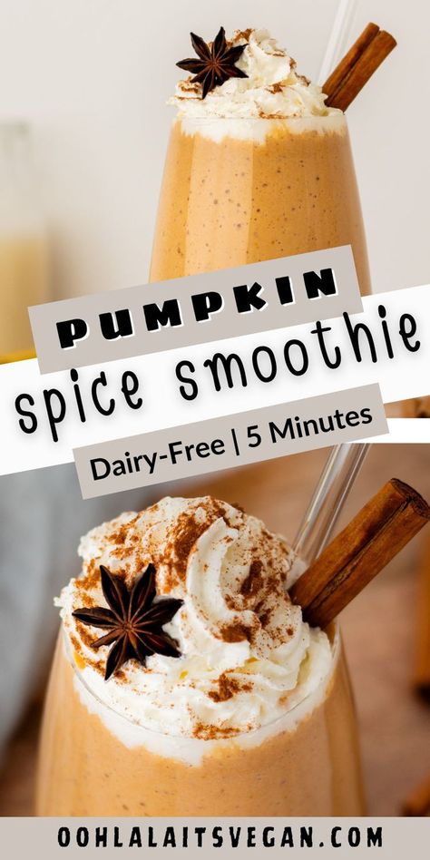 collage of pumpkin spice smoothie Healthy Pumpkin Smoothie, Pumpkin Spice Smoothie Recipe, Pumpkin Smoothie Healthy, High Protein Vegan Snacks, Vegan Snacks On The Go, Pumpkin Smoothie Recipe, Easy Vegan Breakfast, Pumpkin Spice Smoothie, High Protein Breakfast Recipes