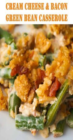 Cream Cheese and Bacon Green Bean Casserole is an easy side dish recipe perfect for Thanksgiving or Christmas. This creamy green bean casserole is loaded with real bacon bits and topped with Ritz Crackers and French's Fried Onions. #casserolerecipe #greenbeancasserole #bacon #casserole #thanksgiving #christmas Bacon Green Bean Casserole, Thanksgiving Side Dishes Crockpot, Green Bean Casserole Bacon, Thanksgiving Recipes Side Dishes Veggies, Green Casserole, Creamy Green Beans, Green Bean Casserole Easy, Easy Green Beans, Best Thanksgiving Side Dishes