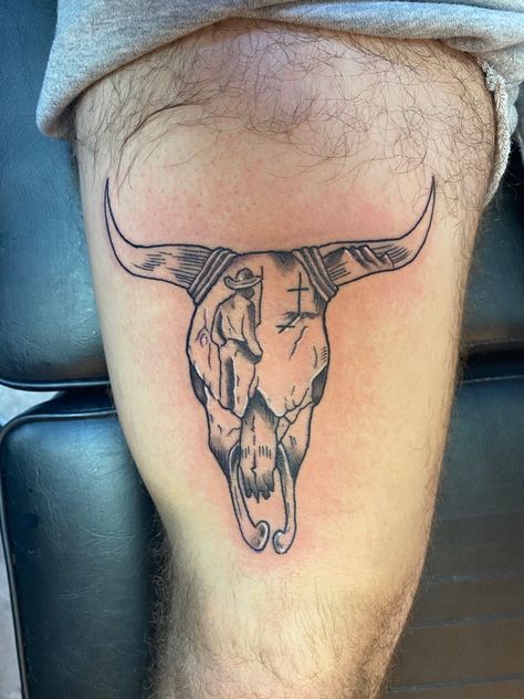 Longhorn Tattoo, Zack Bryan, Cow Skull Tattoos, Tattoos Abstract, Thigh Tattoo Men, Bull Skull Tattoos, Tattoos Japanese, Tattoos Watercolor, Abstract Tattoos