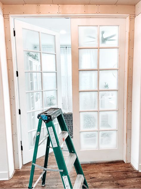 Add French Doors To Room, How To Add French Doors To A Room, Installing Interior French Doors Diy, French Door Installation, Add French Doors To Opening, Install French Doors Interior, How To Install A Door Without A Frame, How To Install French Doors, Adding A Door To An Opening