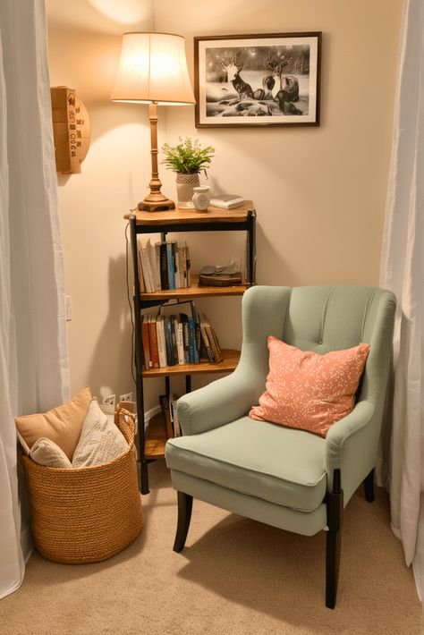 25 Cozy Reading Nook Ideas ��– The Crafty Hacks Reading Chair Living Room, Living Room And Reading Area, Small Corner Book Nook Ideas, Diy Book Corner Reading Areas, Corner Nook Ideas, Book Reading Chair Cozy Corner, Reading Corner In Bedroom, Reading Area In Bedroom, Cozy Reading Nook Small Spaces