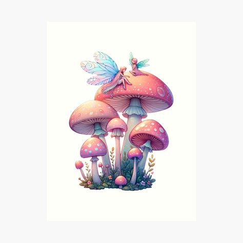 Get my art printed on awesome products. Support me at Redbubble #RBandME: https://www.redbubble.com/i/art-print/Enchanted-Forest-Fairies-on-Mushroom-Fairycore-cottagecore-Fantasy-Art-by-Unitepeople/159907601.1G4ZT?asc=u Fairycore Art, Forest Fairies, Aesthetics Art, Mushroom Fairy, Color Pencils, Fairycore Cottagecore, Forest Fairy, Fairy Art, Paper Models