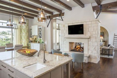 European farmhouse on a Texas hillside soaking in the views Fireplace Between Kitchen And Living, Kitchen European, European Farmhouse Decor, European Farmhouse Kitchen, Veranda Design, Transitional Farmhouse, Arizona House, European Kitchens, Country Kitchens