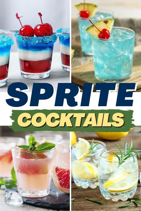 These Sprite cocktails are light, bubbly, and incredibly zesty! From pink vodka lemonade to an old-fashioned to a dirty Shirley, you can't go wrong with these boozy drinks. Alcoholic Drinks With Sprite, Bacardi Mixed Drinks, Sprite Mixed Drinks, Sprite Cocktails, Alcoholic Lemonade Drinks, Sprite Drink, Drinks With Grenadine, Drinks With Sprite, Sprite Recipe