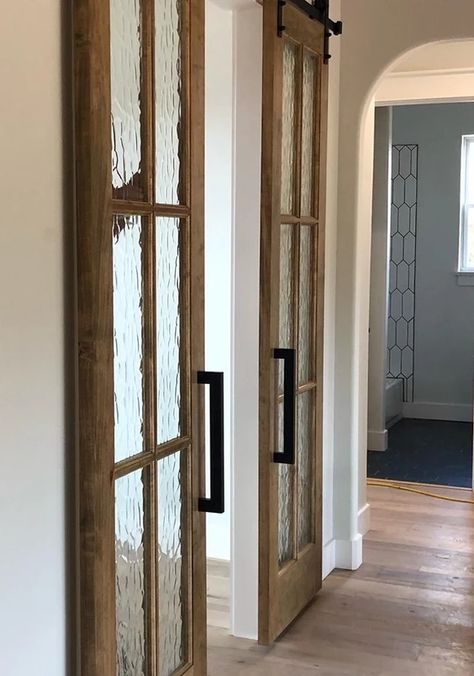 French Barn Door Pantry, Double Barn Doors Living Room, Barn Door With Frosted Glass Panels, Industrial Farmhouse Interior Doors, Sliding Barn Door Laundry Room, Classic Barn Door, Flemish Glass Door, French Barn Door, Double Office Doors