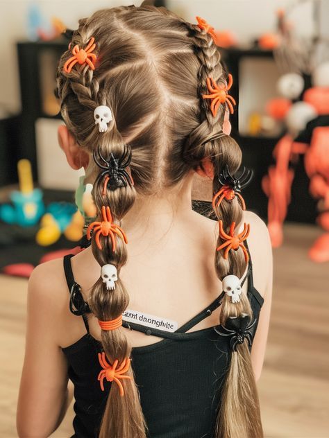 Spooky Hair Styles For Kids, Girls Ghost Hair Buns, Kids Spider Hair, October Hairstyles For Kids, Kid Halloween Hairstyles, Halloween Hairdos For Kids, Spooky Halloween Hairstyles, Easy Diy Hairstyles For Short Hair, Halloween Girl Hairstyles