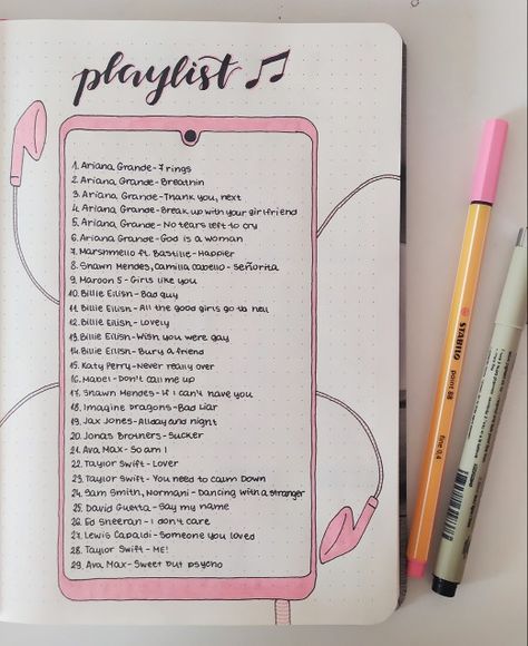 Music Bullet Journal, Notesbog Design, Headphones Pink, Bullet Journal Work, Playlist Songs, Journal Inspiration Writing, Bullet Journal Ideas Templates, Music Journal, Creating A Bullet Journal