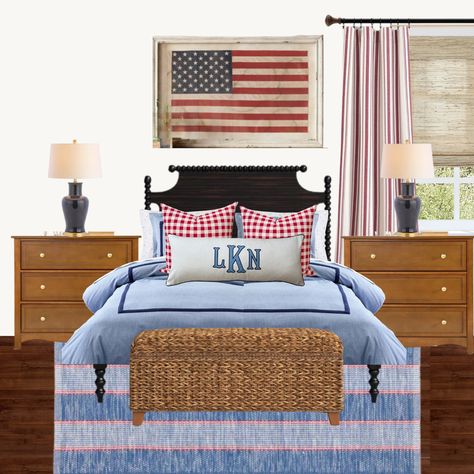 Americana Boy Room, Teen Boy Room Ideas, Baseball Boys Room, Red White And Blue Bedroom, Americana Bedroom, Boy Room Ideas, Nautical Home Decorating, Blue Boys Bedroom