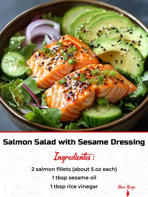 Family Cook Recipes | Salmon Salad with Sesame Dressing | Facebook Sesame Salmon, Salmon Bowls, Recipes Salmon, Salmon Bowl, Sesame Dressing, Cook Recipes, Salmon Salad, Poke Bowl, Family Cooking