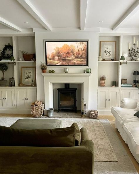 Cottage Living Room Tv, Media Wall With Fireplace And Tv, Lounge With Fireplace, Hallway Landing, Alcove Ideas Living Room, Grey Weather, Cottage House Interior, Have A Great Saturday, American Living Room