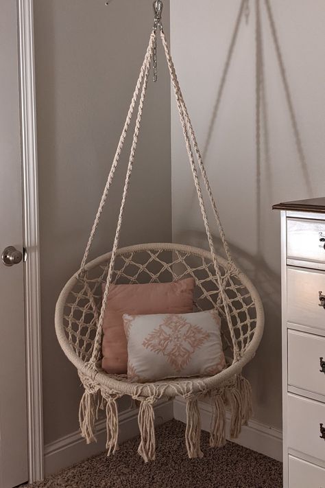 Rooms With Hanging Chairs, Swings In Rooms Bedrooms, Cozy Bedroom Hanging Chair, Cute Hanging Chairs, Room Ideas Aesthetic Hanging Chair, Hanging Room Chair, Hanging Swings In Room, Cute Swings For Bedrooms, Bedroom Swing Chair