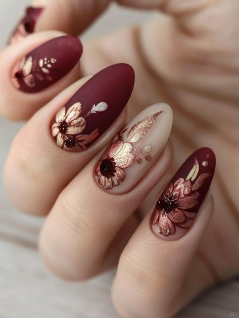 nail art Burgundy Nail Art, Rose Gold Nails, Floral Nail Art, Burgundy Nails, Fall Nail Art, Festival Nails, Autumn Nails, Nail Designs Spring, Floral Nails