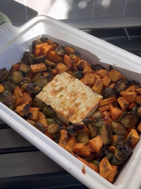 Baked Feta Fall Veggies Nutrition Meals, Sprouting Sweet Potatoes, Fall Veggies, Baked Feta, Feta Recipes, Fast Recipes, Daniel Fast, Veggie Side Dishes, Food Inspo