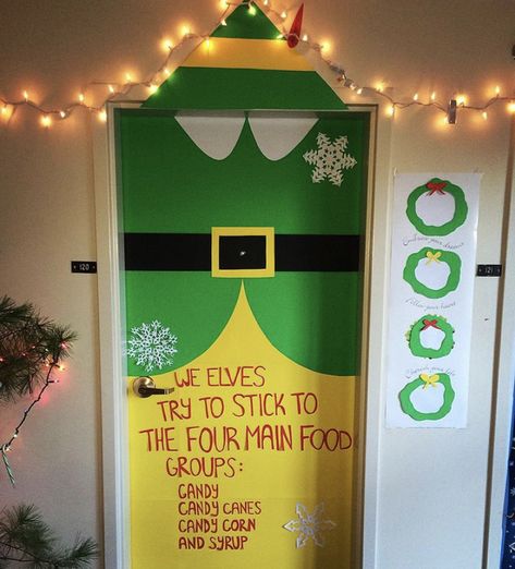 #elf #buddytheelf #christmas #decoration #holiday Elf Christmas Door Decorating Contest, Elf Theme Christmas Decorations, Christmas Themed Door Decorations, School Door Decorations Christmas, Elf Door Ideas, Elf School Door Decorations, Buddy The Elf Classroom Decorations, Elf School Decorations, Elf Theme Office Decorations