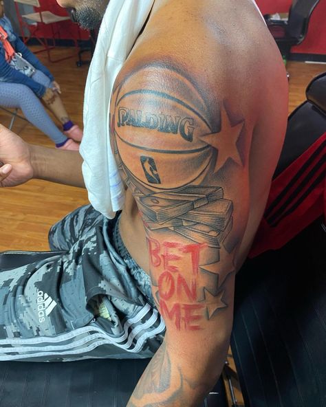 Ball Is Life Tattoo, Hooper Tattoo Ideas, Leg Tattoo Men Basketball, Tattoos For Black Men Ideas, Tattoos For Basketball Players, Basketball Tattoos For Men Sleeve, Sports Tattoos For Men Ideas, Area Code Tattoo Men, Basketball Sleeve Tattoo