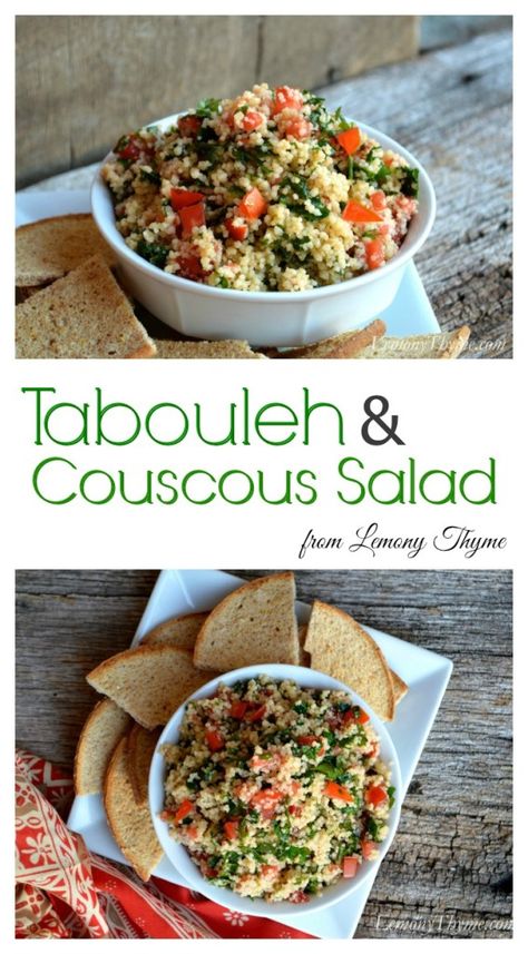 Tabouleh & Couscous Salad | LemonyThyme.com Meatball Rice Bowl, Meatball Rice, Middle Eastern Salad, Middle Eastern Salads, Curried Lentil Soup, Quinoa Tabbouleh, Baba Ghanoush, Homemade Goods, Couscous Salat