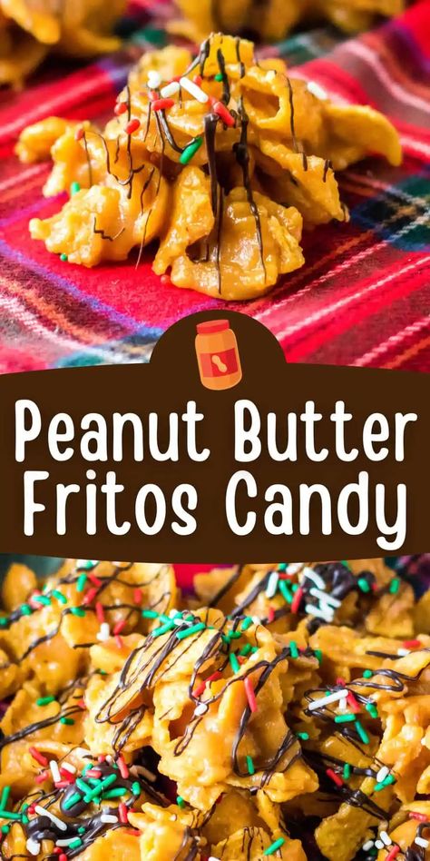 Frito Cookies Recipe, Peanut Butter Fritos Candy Recipe, High End Desserts Recipes, Cornflake Candy Peanut Butter, Peanut Butter Fritos Candy, Peanut Butter Fritos Recipe, Nutty Fingers Recipe, Candied Peanuts Recipe Easy, Peanut Butter Candy Recipe