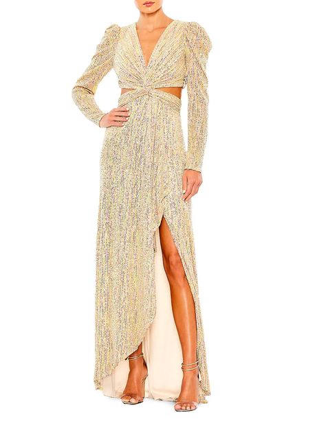 Shop Mac Duggal Metallic Cut-Out Gown | Saks Fifth Avenue Long Puff Sleeve Dress, Gown Gold, Cutout Gown, Mac Duggal Dresses, Sequin Evening Dresses, Long Sleeve Gown, Prom Designs, Designer Prom Dresses, Column Gown