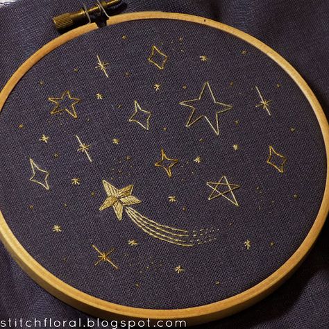 Hand Embroidered Stars, Moon Stars Embroidery, Embroidered Moon And Stars, Embroidering Stars, Shooting Star Embroidery, Embroidery Stars Tutorial, Embroidery Inspiration Ideas, Embroider Star, Space Embroidery Pattern