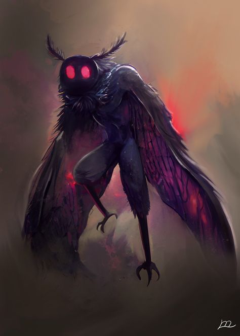 The Mothman, Mónica Fabiani Guillén on ArtStation at https://www.artstation.com/artwork/yJX6Xx The Mothman, Halloween Creatures, Fantasy Figures, Moth Art, Ace Of Hearts, Fantasy Creatures Art, School Art Projects, Urban Legends, Monster Design