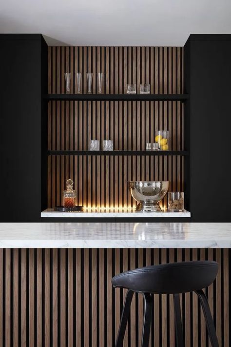 Modern Bar House Design, Built In Bar In Living Room Wall Shelves, Black Bar Backsplash, Shelves On Panel Wall, White Oak With Black Counter, Built In Bar Area In Living Room, Basement Serving Counter, Bar Area Backsplash, Basement Bar Shiplap