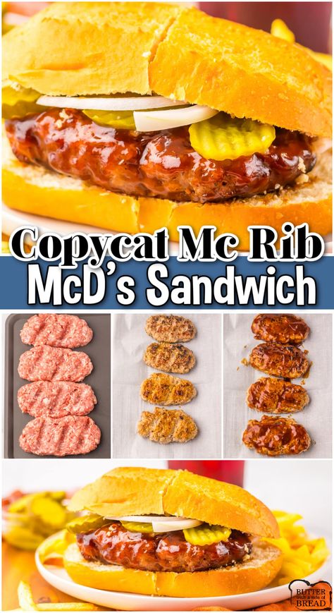 Everybody always gets excited when the McRib comes back, but why wait? You can make this Copycat McRib right at home and it takes no time! A tender pork patty is smothered in BBQ sauce and served with pickles and white onion on a soft bun. Skip the drive-thru!! Whataburger Recipe Copycat, Kmart Sub Sandwich Recipe, Firehouse Subs Copycat Recipes, Xmas Apps, Copycat Little Debbie, Mcrib Sandwich, Classic Sandwiches, Everybody Always, Mcdonalds Recipes