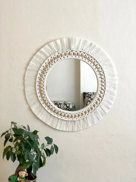 White Macrame Mirror, New Baby Room Decoration, Mandala Macrame Mirror, Bead Mirror, Christmas Decor Gift, Gift for Mom, Next Day Shipping - Etsy Canada Mirror Christmas Decor, Bead Mirror, Beaded Mirror, Macrame Mirror, Macrame Wall Decor, Boho Wall Decor, Nursery Neutral, Home Decor Mirrors, Baby Room Decor